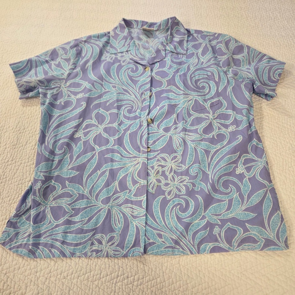 Go Barefoot Hawaiian Shirt XL Purple Blue Floral Swirl Short Sleeve Made in USA